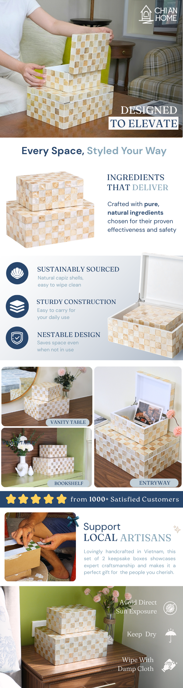 A tall promotional collage for decorative boxes for home decor, showing multiple stacked capiz shells storage boxes in ivory and cream tones in different home settings. The layout includes text callouts, icons, customer testimonials, and a logo for Artisans Box in the top right.