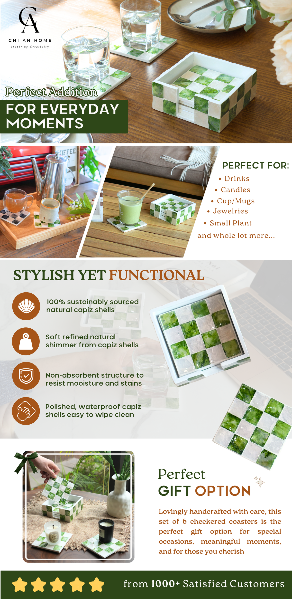 An infographic banner for green and white checkered capiz shells cute coaster set, showing product photos, descriptive text, and customer testimonials on a white background off the wine coasters.