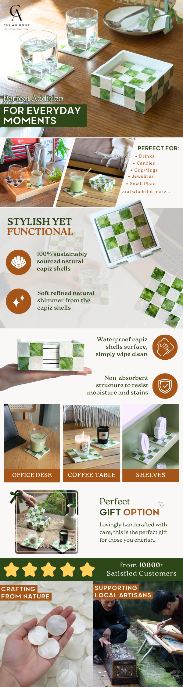 A long promotional infographic for a green-and-white patterned coasters set, showing multiple cups, saucers, lids, and storage boxes in a kitchen setting, with text callouts, ingredient lists, and a star rating section.