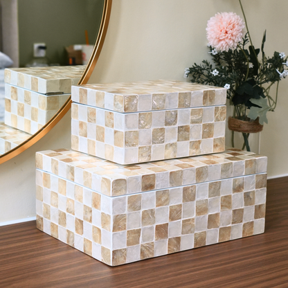 Set of 2 Rectangular Checkered Capiz Shell Storage Boxes Ivory