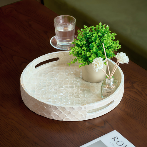 Round decorative tray with a glass of water, plant, and diffuser on a wooden surface. Capiz shell tray for coffee table.