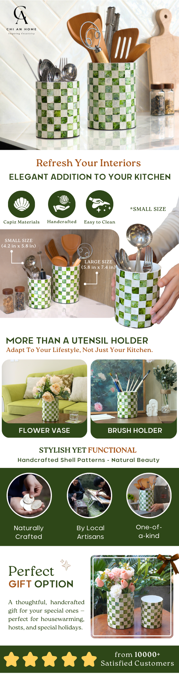 A promotional infographic for a green and white checkered utensil holder set, showing multiple kitchen scenes with the holder containing utensils, along with feature icons, customer testimonials, and a star rating.