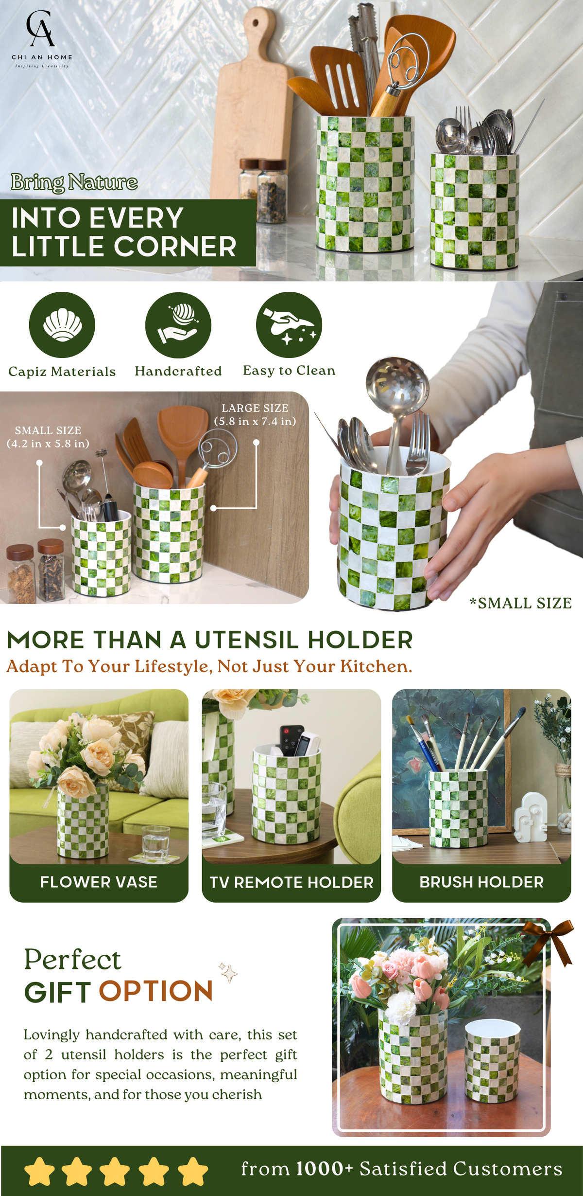 A promotional collage for a set of two green and white checkered utensil holders, showing them filled with kitchen tools, in a kitchen setting, and styled with flowers. The image includes text highlighting features like capilary material, handcrafted quality, and easy cleaning, along with customer testimonials.