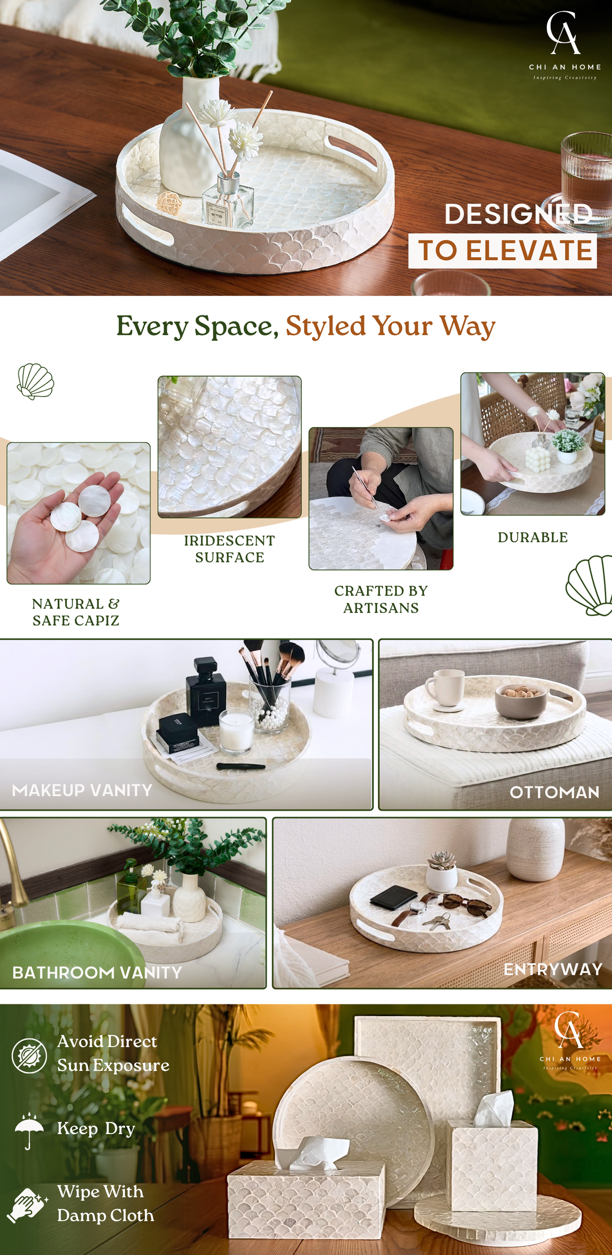 A promotional collage for a capiz shell round decorative tray, shown styled in various settings: coffee table, living room, bathroom, makeup vanity. The collage includes text overlays such as 'DESIGNED TO ELEVATE', 'Every Space, Styled Your Way', and feature callouts like 'Natural & Safe Color', 'Bidescent Surface', 'Crafted by Artisans', and 'Durable'. white round decorative tray for coffee table
