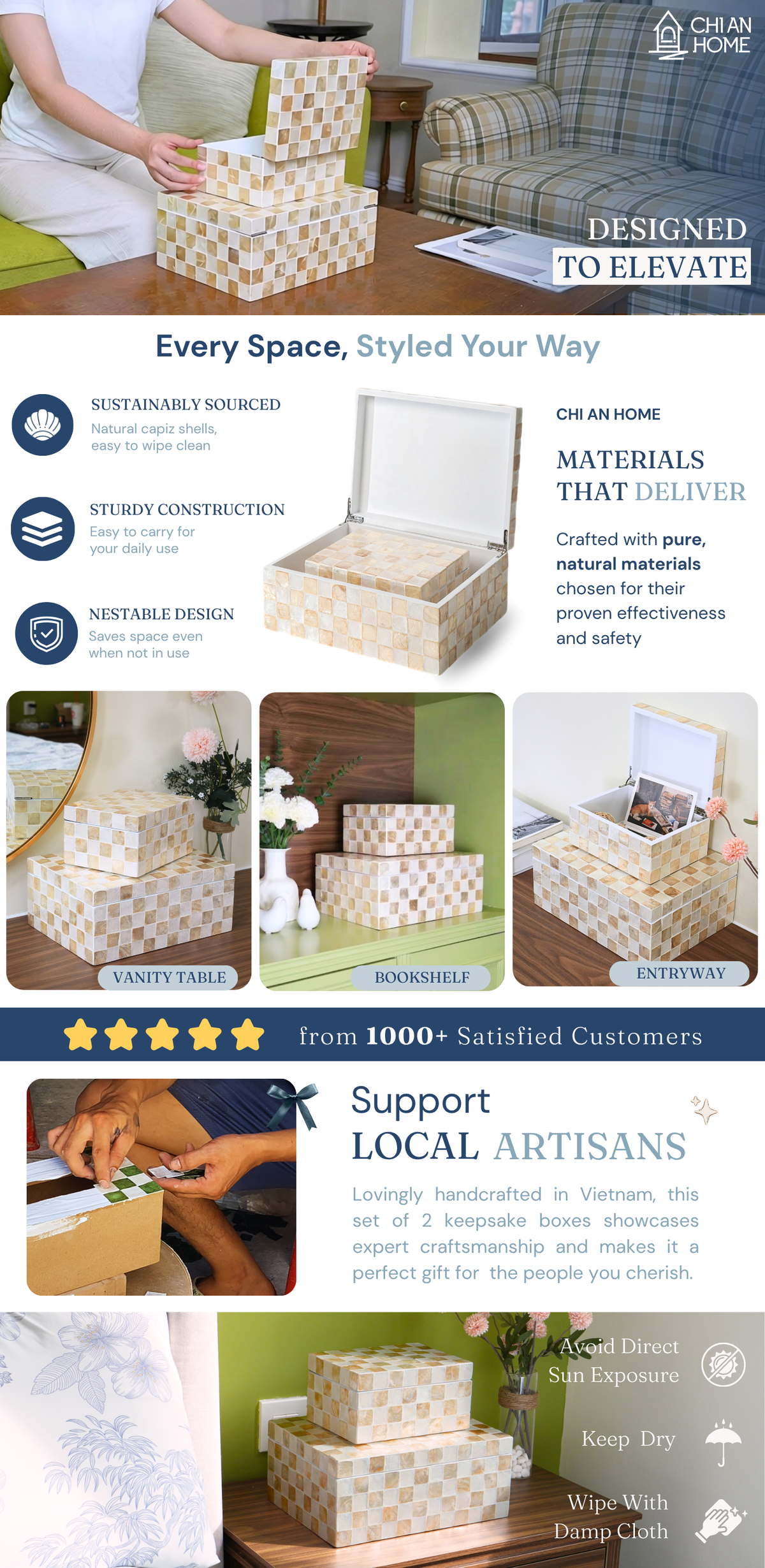 An infographic-style promotional collage for a set of 2 decorative boxes with lids. The layout includes a top photo of a person opening the small box, several smaller product photos showing the boxes in different settings, and text blocks describing features such as 'Every Space, Styled Your Way,' 'Materials That Deliver,' and 'Support Local Artisans.