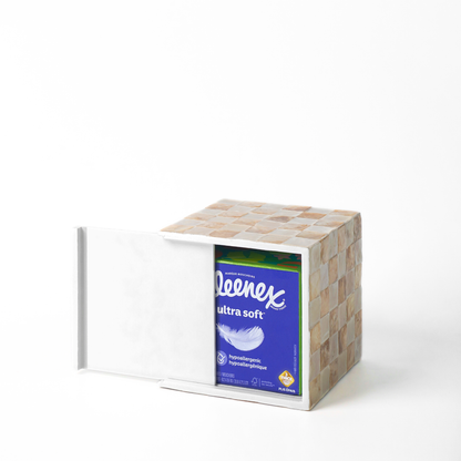 A capiz shells tissue cover box with front panel and a beige and ivory checkerboard patterned side, holding a blue 60-count Keenex Ultra Soft tissue box.