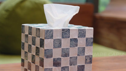 Capiz Shell Square Tissue Box Cover Checkered Navy Blue
