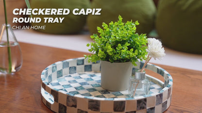 Round Navy Blue Checkered Capiz Shell Tray