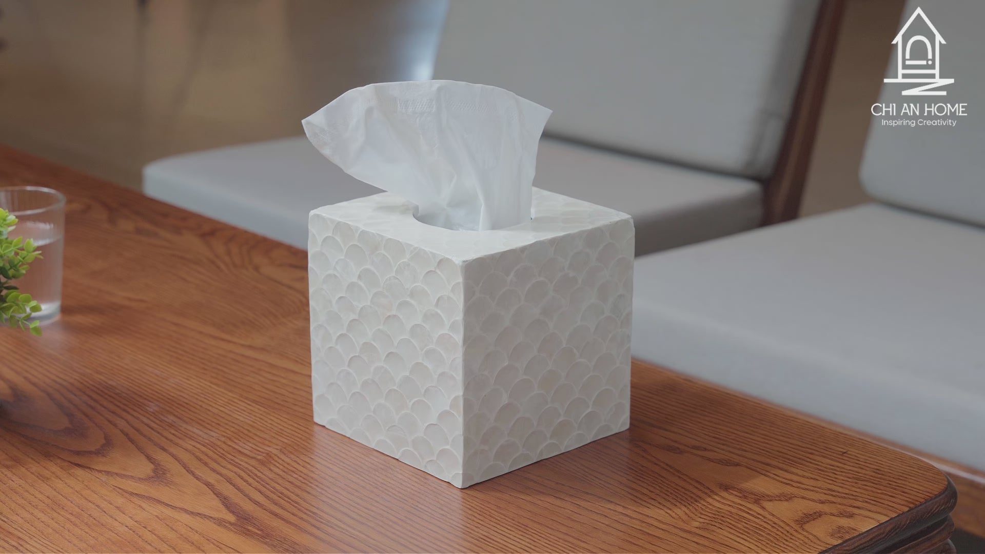 White square capiz shell tissue box cover video showing product details