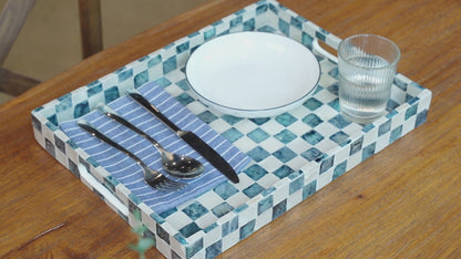 Capiz Shell Rectangular Serving Tray Navy Blue Checkered
