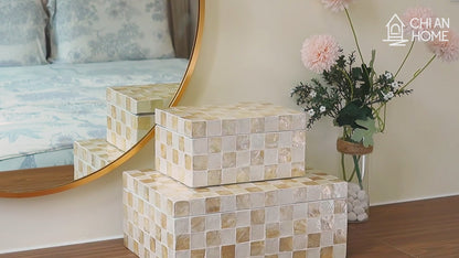 Set of 2 Rectangular Checkered Capiz Shell Storage Boxes Ivory