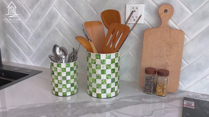 Set of 2 Checkered Capiz Shell Utensil Holders - Pistachio Green