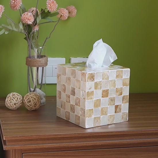 Ivory square capiz shell tissue box cover with checkered pattern video showing product details
