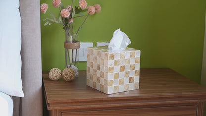 Ivory square capiz shell tissue box cover with checkered pattern video showing product details