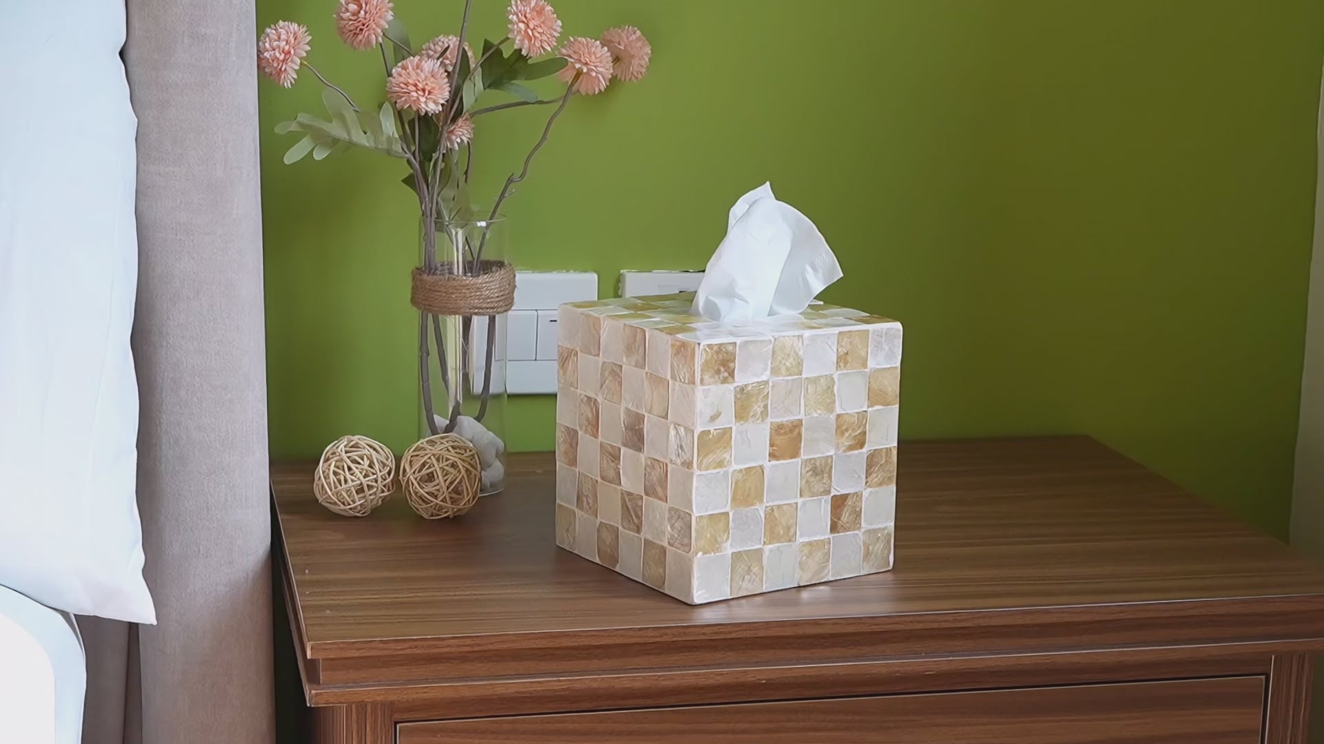 Ivory square capiz shell tissue box cover with checkered pattern video showing product details