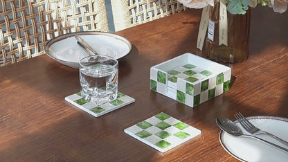 Set of 6 Square Checkered Capiz Shell Coasters with Holder - Pistachio Green