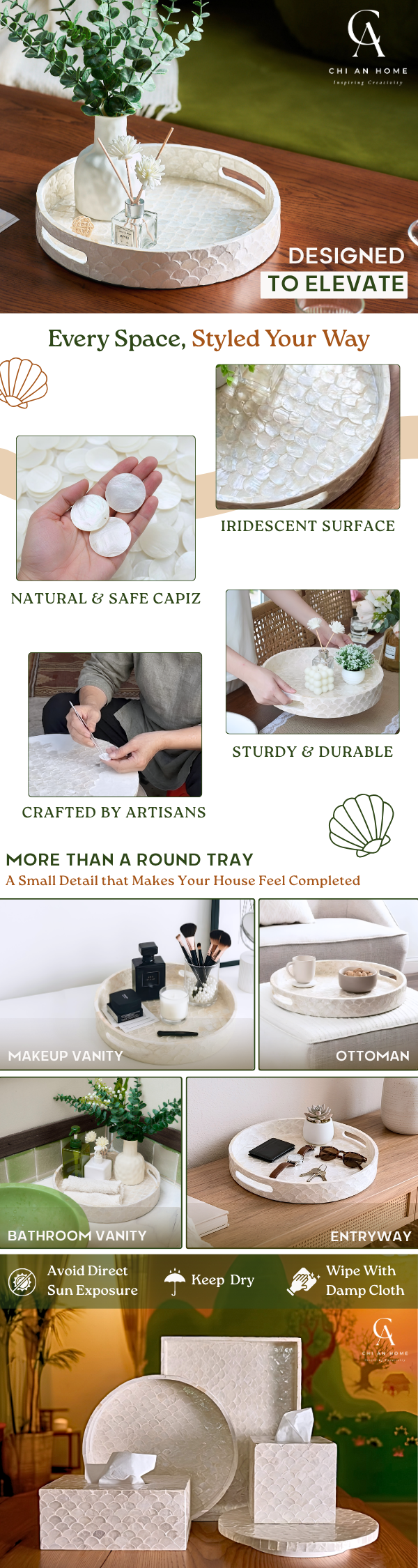 A collage-style product page for a coastal tray in white and beige tones, shown with lifestyle usage photos, text callouts, and small branding marks. The layout includes multiple panels showing the decorative tray for living room coffee table in use on tables.