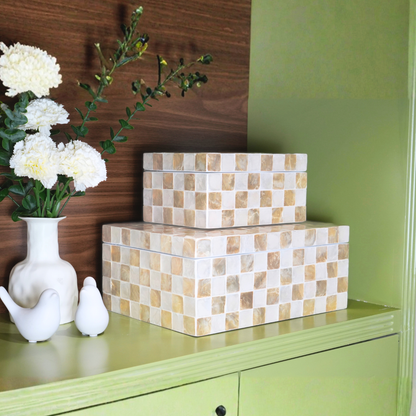 Set of 2 Rectangular Checkered Capiz Shell Storage Boxes Ivory
