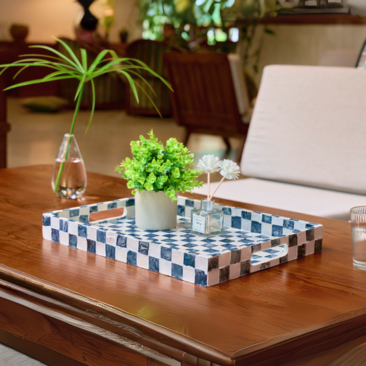 Rectangular Checkered Capiz Shells Tray Navy Blue
