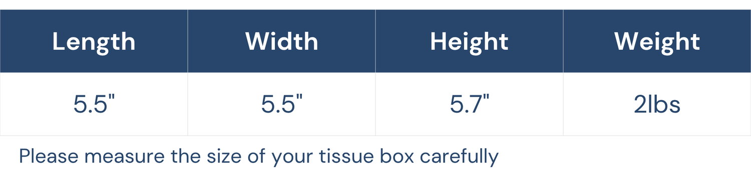 A size measurement chart for a tissue box cover showing dimensions: Length 5.5", Width 5.