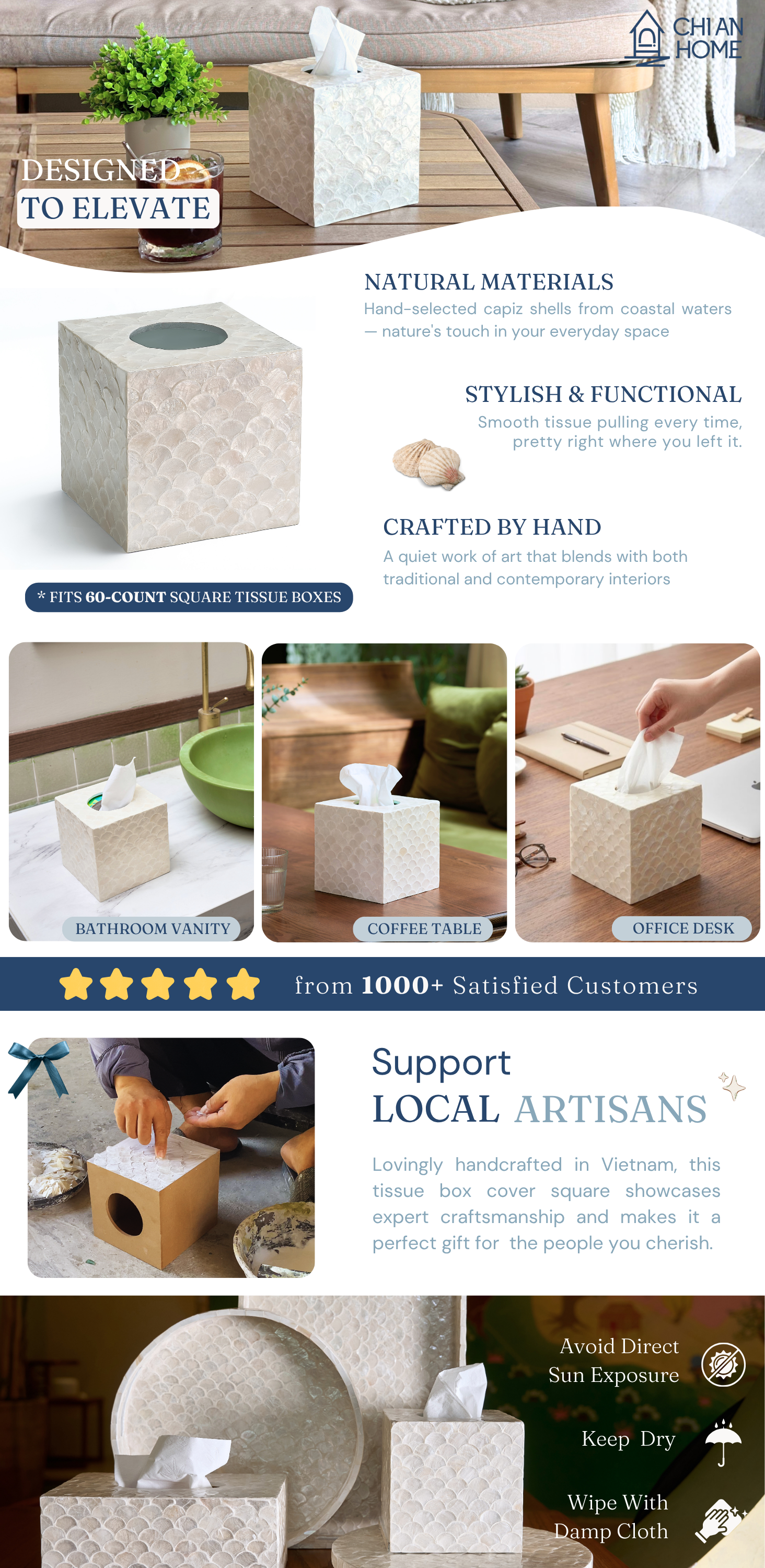 A promotional collage for a square tissue box cover. The top section shows the product styled in a home setting on a tabletop, with text highlighting natural materials, stylish functionality, and handcrafted quality.