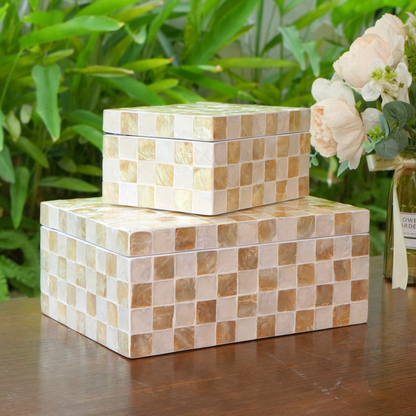 Set of 2 Rectangular Checkered Capiz Shell Storage Boxes Ivory