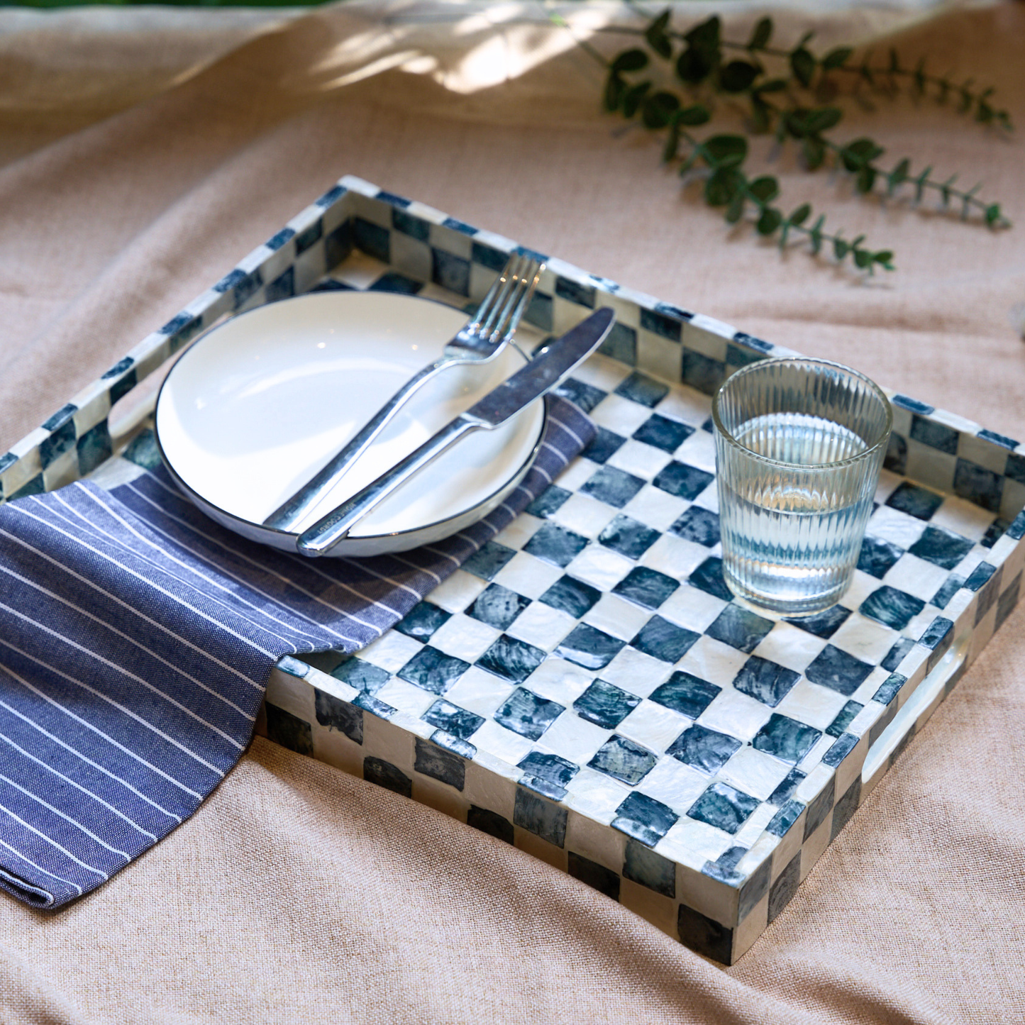 Capiz Shell Rectangular Serving Tray Navy Blue Checkered
